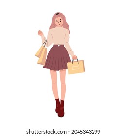 people carrying shopping bags with purchases. Women taking part in seasonal sale at store, shop, mall. Cartoon characters isolated on white background. crazy shopping habits. flat vector