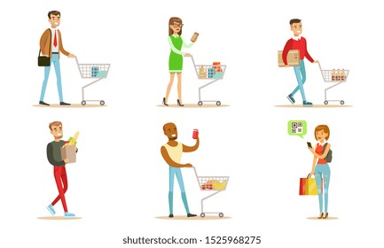 People Carrying Shopping Bags and Pushing Carts with Purchases Set, Men and Women Buying Groceries Taking Part in Seasonal Sale at Store Vector Illustration