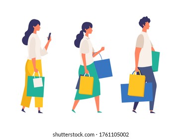 People carrying shopping bags at summer. Man and woman taking part in seasonal sale at store, shop, mall. Flat cartoon colorful vector illustration.