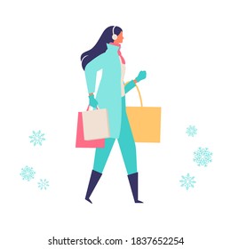 People carrying shopping bags at winter. Man and woman taking part in seasonal sale at store, shop, mall. Flat cartoon colorful vector illustration.