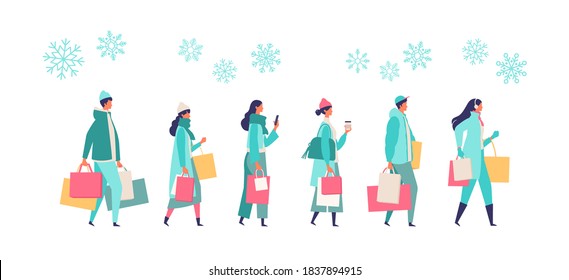 People carrying shopping bags at winter. Man and woman taking part in seasonal sale at store, shop, mall. Flat cartoon colorful vector illustration.