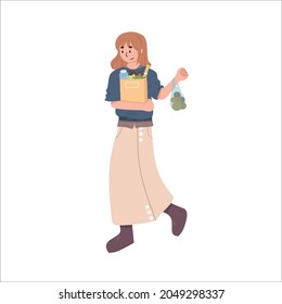 people carrying shopping eco bags with purchases.Women taking part in seasonal sale at store, shop, mall, market. Cartoon characters isolated on white background. healty life.flat vector