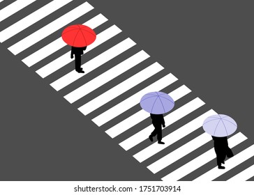 People carrying umbrellas crossing the crosswalk.Spacing apart other people
