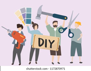 People carrying various DIY tools illustration