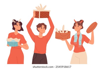 People carrying xmas gifts boxes. Characters with Christmas gifts, winter holidays gifts exchange flat vector illustration set. Cheerful man and woman with presents