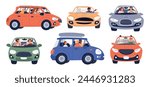 People in cars. Drivers with passengers. Automobile side view. Personal urban vehicles. Chauffeurs with fellow travelers. Couple travel by auto transport. Road traffic