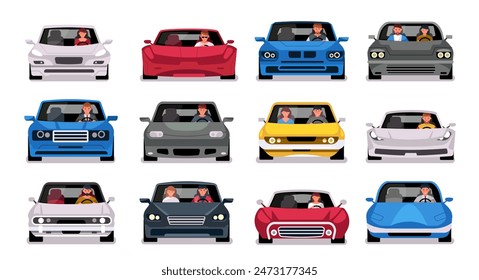 People in cars front view. Cartoon characters ride in different cars, family trip, man and woman driving in car, flat car transportation illustration. Different modern automobiles with passengers