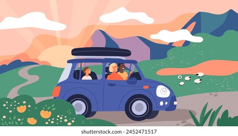 People in cars travel. Happy family road trip. Vehicle side view. Beautiful landscape with mountains and grazing sheep. Summer vacation. Parents with children. Garish