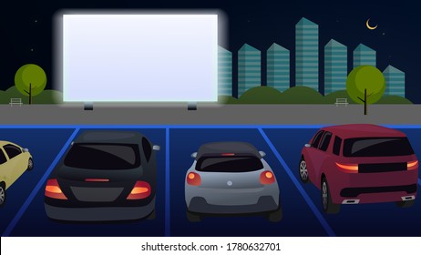 People in cars watch a movie in an open parking lot at night. Open air cinema for street cars. A movie is shown on a white screen, against the backdrop of the evening city. Vector. Cartoon