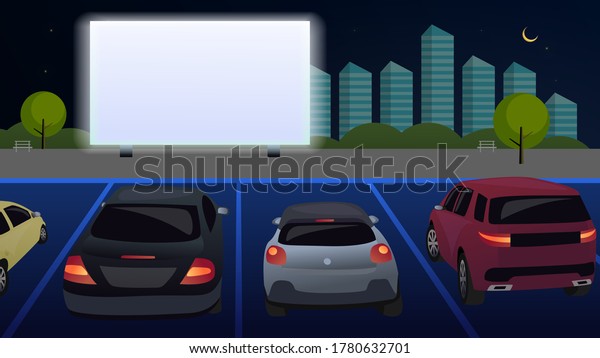 People\
in cars watch a movie in an open parking lot at night. Open air\
cinema for street cars. A movie is shown on a white screen, against\
the backdrop of the evening city. Vector.\
Cartoon