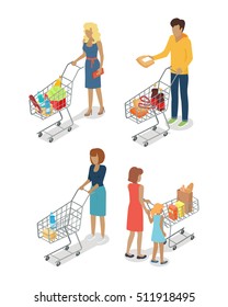 People with cart purchases set in flat design. Shop cart customer woman man buy purchase, trolley with purchase, consumer with goods, food product in cart, buyer, shopper. Vector illustration