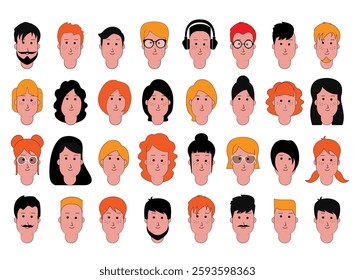 People carton faces avatars vector set. Collection of modern various diverse character heads. Flat design elements for social media and networking, user profile, website