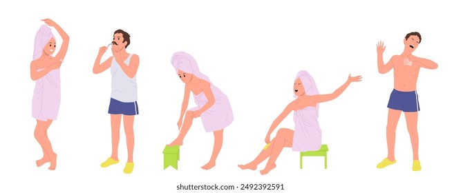 People cartoon character removing hair from body with wax and razor set isolated on white background