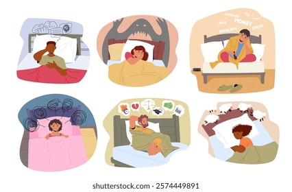 People cartoon character suffering from insomnia, struggling sleep disorder while lying in bed at night scene set. Young stressed man and woman different causes of sleepless vector illustration