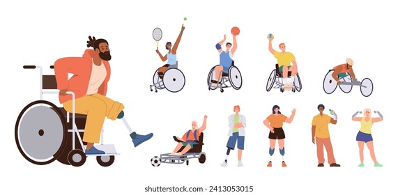 People cartoon character in wheelchair having artificial prosthetics limbs with special needs