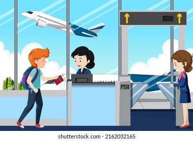 People Cartoon Characters In The Airport Illustration