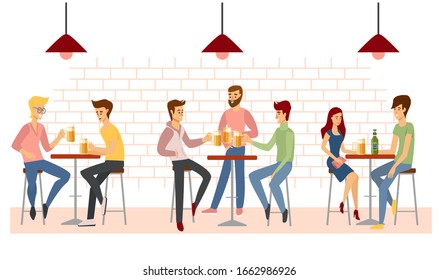 People cartoon characters in the bar. Rest in the pub concept. Group of happy men and woman drink beer. Friends have a good time. Vector illustration.