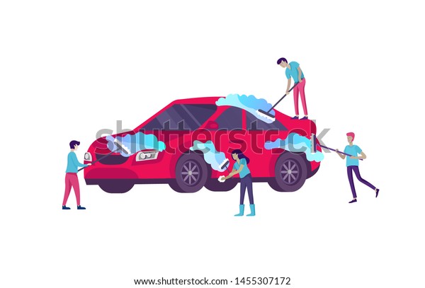 People cartoon characters cleaning vehicle\
with special equipment. Car wash service, automatic carwash\
concept. Vector flat style\
illustration