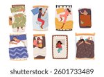 People cartoon characters of different ages sleeping in cozy bed set isolated on white background. Adults and children, couple, single man and woman enjoying bedtime routine vector illustration