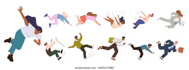 People cartoon characters of different ages falling down hurrying up or trapped in bad situation