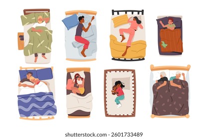 People cartoon characters of different ages sleeping in cozy bed set isolated on white background. Adults and children, couple, single man and woman enjoying bedtime routine vector illustration