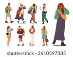 People cartoon characters drinking beverage eating fast food on the go having unhealthy snack isolated set on white background. Young man and woman enjoying street menu meal vector illustration