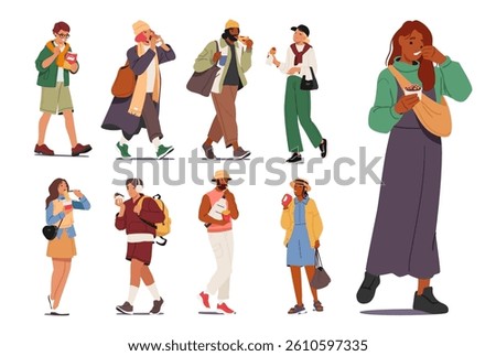 People cartoon characters drinking beverage eating fast food on the go having unhealthy snack isolated set on white background. Young man and woman enjoying street menu meal vector illustration