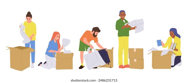 People cartoon characters engaged in packing or unpacking things using bubble wrap film isolated set