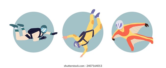 People cartoon characters enjoying free style jumping, skydiving with closed parachute or wingsuit
