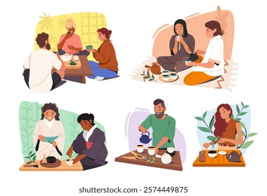 People cartoon characters enjoying traditional asian tea ceremony vector illustration. Happy friends drinking hot herbal beverage, women in kimono and single female male preparing drink scene set