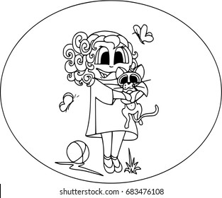 People cartoon characters. Flat style icon. Summer pattern with butterfly. Coloring