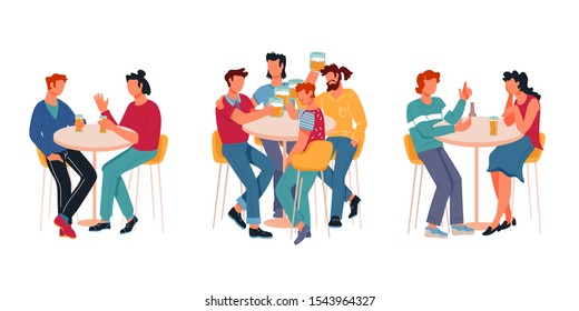 People cartoon characters, friends and couples in restaurant or pub, bar drinking beer and spending leisure time together. Friendly beer party, festival scene. Flat vector illustration isolated.