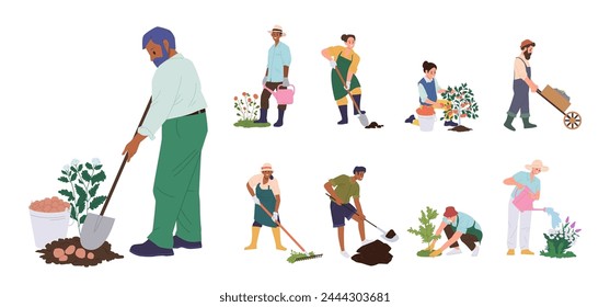 Personas personajes de dibujos animados jardinería con herramientas, trabajando en el suelo, jardinería y plantación de flores