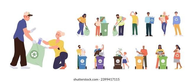 People cartoon characters gathering, sorting garbage for recycling putting waste in bin isolated set