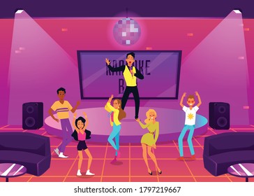 People cartoon characters having dance and music party in Karaoke bar flat vector illustration. Young men and women dancing and singing in night Karaoke club interior.