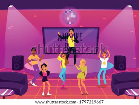 People cartoon characters having dance and music party in Karaoke bar flat vector illustration. Young men and women dancing and singing in night Karaoke club interior.