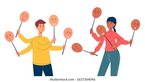 People cartoon characters holding masks with happy and unhappy expression, flat vector illustration isolated on white background. Mood changing and emotional instability.