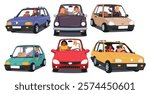 People cartoon characters inside car different situation and activities. Man, woman drinking coffee, talking phone, arguing, listening music and singing, doing makeup while diving or riding vehicle