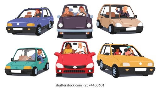 People cartoon characters inside car different situation and activities. Man, woman drinking coffee, talking phone, arguing, listening music and singing, doing makeup while diving or riding vehicle