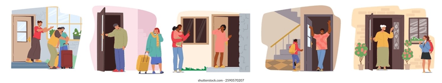 People cartoon characters leaving or returning home standing nearby doorway outdoors isolated scene set. Parents and schoolchildren, husband and wife, grandparents and grandchildren relationships