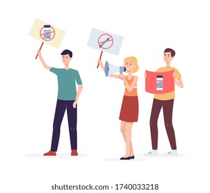 People cartoon characters with placards protesting against vaccination, flat vector illustration isolated on white background. Demonstration against virus immunization.