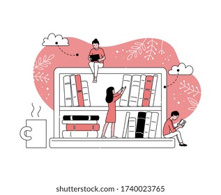 People cartoon characters reading books against bookshelves, vector illustration isolated on white background. Online education and internet library banner.