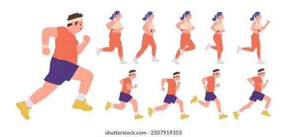 People cartoon characters running enjoying body transformation, slimming and weight lose set
