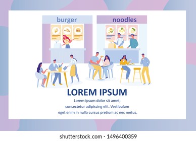People Cartoon Characters Sitting at Tables Drinking Beverages, Eating and Ordering Food in Cafe or Restaurant. Lunch Time Break and Dining at Food Court. Trendy Flat Vector Illustration Isolated.