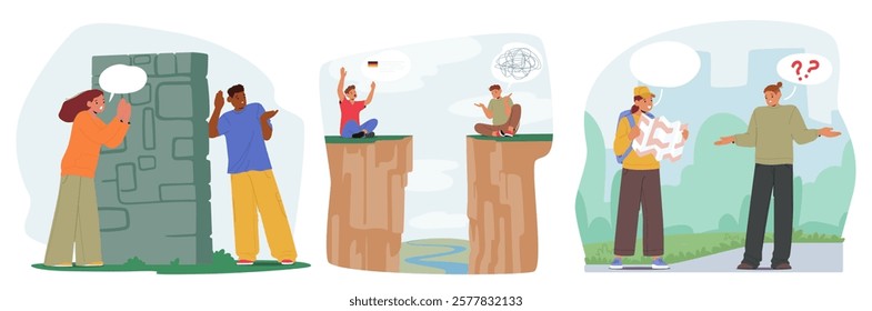 People cartoon characters speaking different languages having communication barrier and feeling difficulties in understanding during dating, traveling and building relationships vector illustration