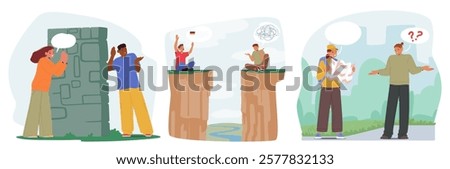 People cartoon characters speaking different languages having communication barrier and feeling difficulties in understanding during dating, traveling and building relationships vector illustration