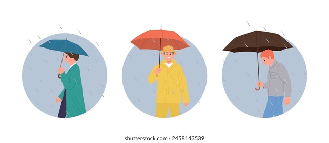 People cartoon characters with umbrella feeling different emotion isolated round composition