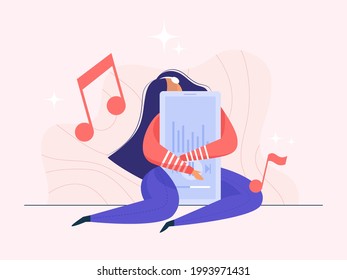 Menschen Cartoon Charaktere verwenden Technologie-Sammlung. Weibliche Charaktere verwenden Smartphones, Chatting, Selfie machen und hören Musik von Mobile App. Vektorgrafik