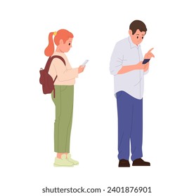 People cartoon characters using smartphone digital device while waiting next turn standing in queue