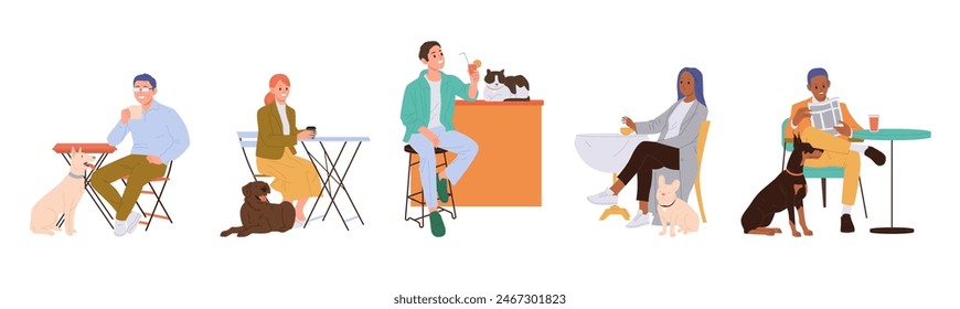 People cartoon characters visiting cafe with pet animals vector illustration set isolated on white